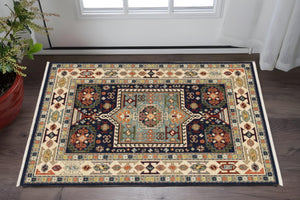 HomeRoots 6' Handmade Wool Runner Rug in Blue and Ivory - Artisanal Style for Hallways and Narrow Spaces 3'3" x 5' 388368