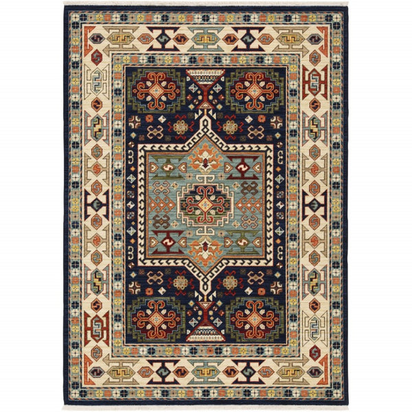 HomeRoots 6' Handmade Wool Runner Rug in Blue and Ivory - Artisanal Style for Hallways and Narrow Spaces 5'3" x 7'6" 388369