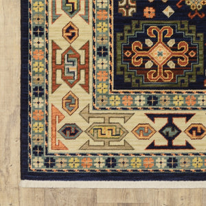 HomeRoots 6' Handmade Wool Runner Rug in Blue and Ivory - Artisanal Style for Hallways and Narrow Spaces 5'3" x 7'6" 388369