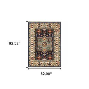 HomeRoots 6' Handmade Wool Runner Rug in Blue and Ivory - Artisanal Style for Hallways and Narrow Spaces 5'3" x 7'6" 388369