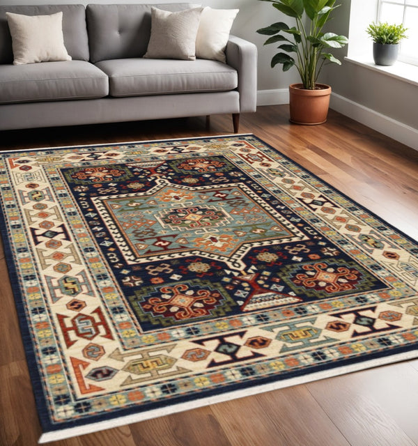 HomeRoots 6' Handmade Wool Runner Rug in Blue and Ivory - Artisanal Style for Hallways and Narrow Spaces 5'3" x 7'6" 388369