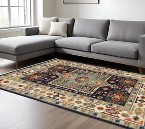 HomeRoots 6' Handmade Wool Runner Rug in Blue and Ivory - Artisanal Style for Hallways and Narrow Spaces 6'7" x 9'6" 388370