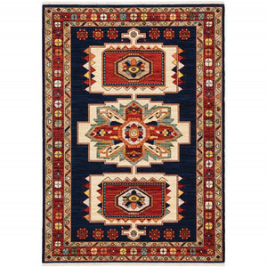 Homeroots 2' X 3' Blue Red Machine Woven Medallions Indoor Area Rug  Wool 388373