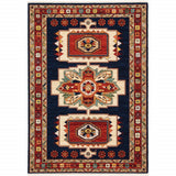 Homeroots 2' X 3' Blue Red Machine Woven Medallions Indoor Area Rug  Wool 388373