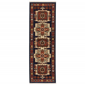 Homeroots 12' Blue Red Machine Woven Medallions Indoor Runner Rug  Wool 388375