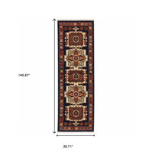Homeroots 12' Blue Red Machine Woven Medallions Indoor Runner Rug  Wool 388375