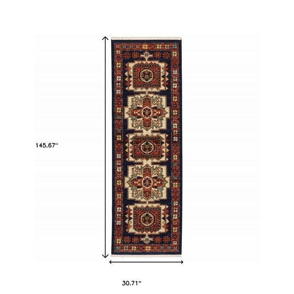 Homeroots 12' Blue Red Machine Woven Medallions Indoor Runner Rug  Wool 388375