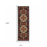 Homeroots 12' Blue Red Machine Woven Medallions Indoor Runner Rug  Wool 388375