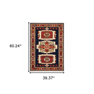 Homeroots 3' X 5' Blue Red Machine Woven Medallions Indoor Area Rug  Wool 388376
