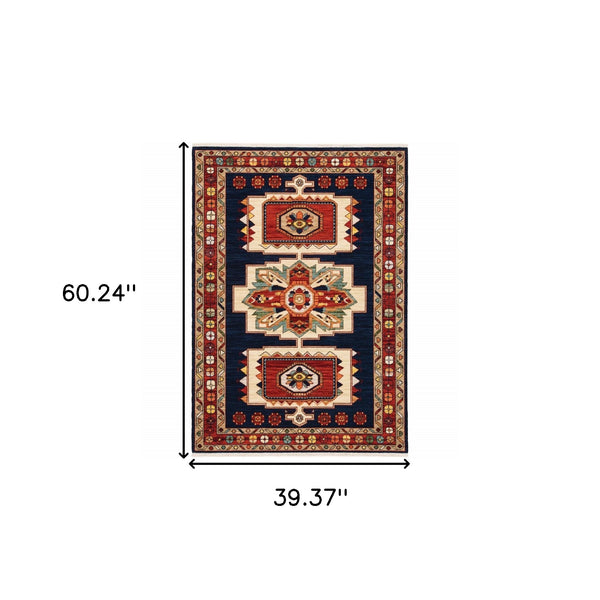 Homeroots 3' X 5' Blue Red Machine Woven Medallions Indoor Area Rug  Wool 388376