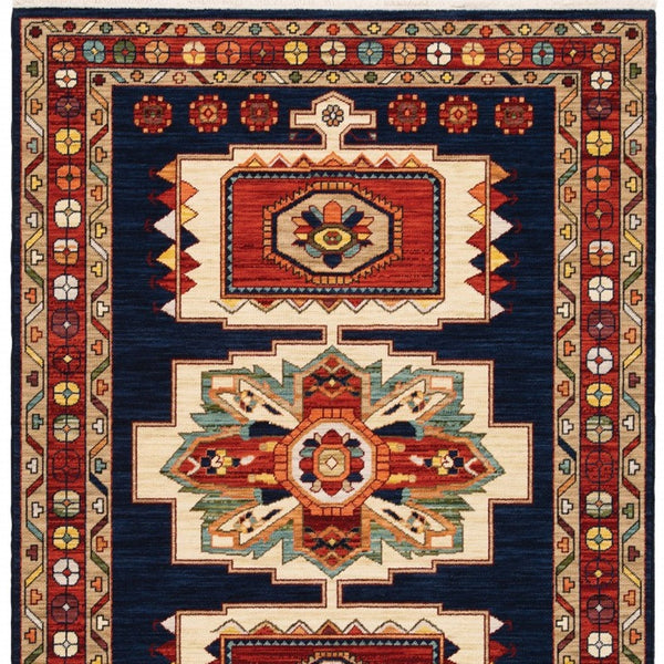 Homeroots 3' X 5' Blue Red Machine Woven Medallions Indoor Area Rug  Wool 388376