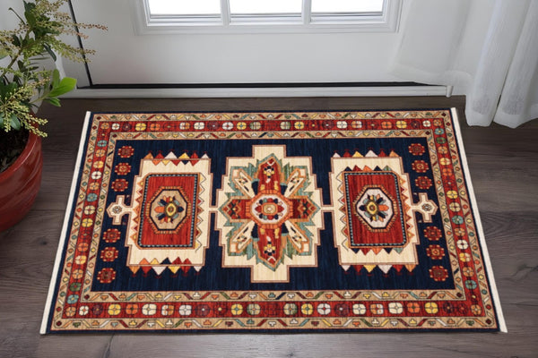 HomeRoots 6' Handcrafted Blue & Beige Wool Runner Rug – Elegant Comfort for Hallways and Narrow Spaces 3'3" x 5' 388376