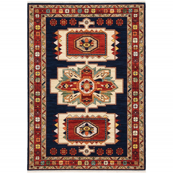 Homeroots 5' X 8' Blue Red Machine Woven Medallions Indoor Area Rug  Wool 388377