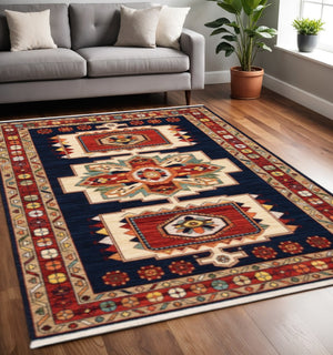 HomeRoots 6' Handcrafted Blue & Beige Wool Runner Rug – Elegant Comfort for Hallways and Narrow Spaces 5'3" x 7'6" 388377