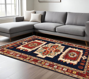 HomeRoots 6' Handcrafted Blue & Beige Wool Runner Rug – Elegant Comfort for Hallways and Narrow Spaces 6'7" x 9'6" 388378