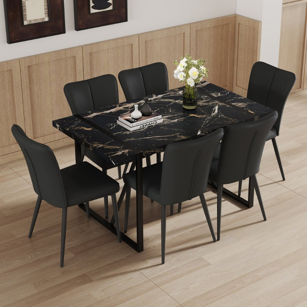English Elm Table Modern Black Marble Dining Set With 6 Ergonomic Pu Chairs - Stylish, Stable & Easy To Assemble! W1151S02526-GIGA