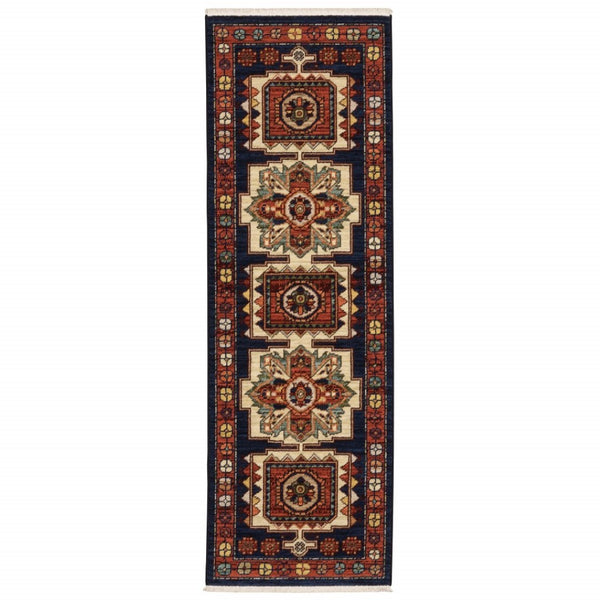 HomeRoots 6' Handcrafted Wool Runner Rug in Rich Blue and Red - Classic Style for Hallways and Entryways 2' x 6' 388382
