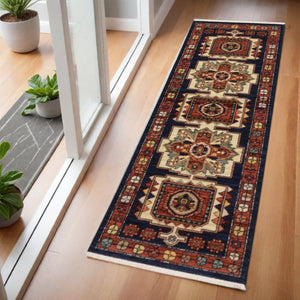 HomeRoots 6' Handcrafted Wool Runner Rug in Rich Blue and Red - Classic Style for Hallways and Entryways 2' x 6' 388382