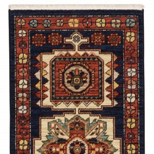 HomeRoots 6' Handcrafted Wool Runner Rug in Rich Blue and Red - Classic Style for Hallways and Entryways 2' x 6' 388382