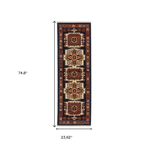 HomeRoots 6' Handcrafted Wool Runner Rug in Rich Blue and Red - Classic Style for Hallways and Entryways 2' x 6' 388382