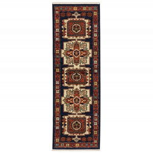 HomeRoots 6' Handcrafted Wool Runner Rug in Rich Blue and Red - Classic Style for Hallways and Entryways 2'6" x 12' 388383