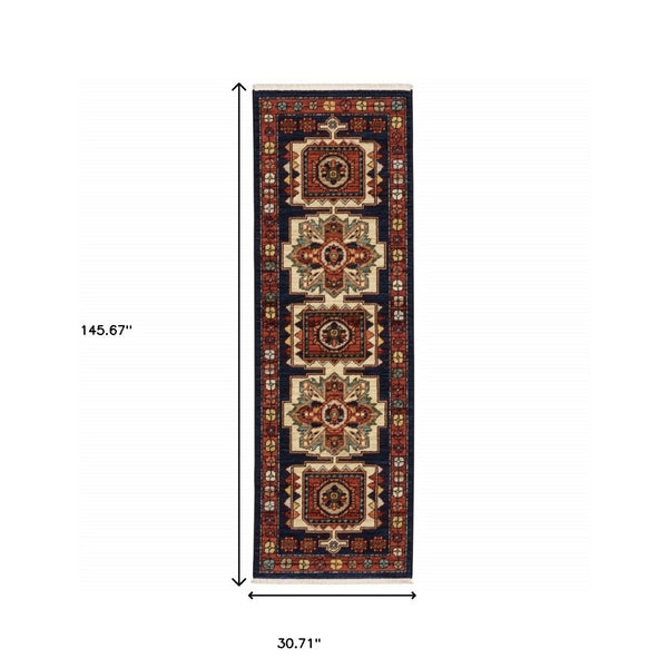 HomeRoots 6' Handcrafted Wool Runner Rug in Rich Blue and Red - Classic Style for Hallways and Entryways 2'6" x 12' 388383