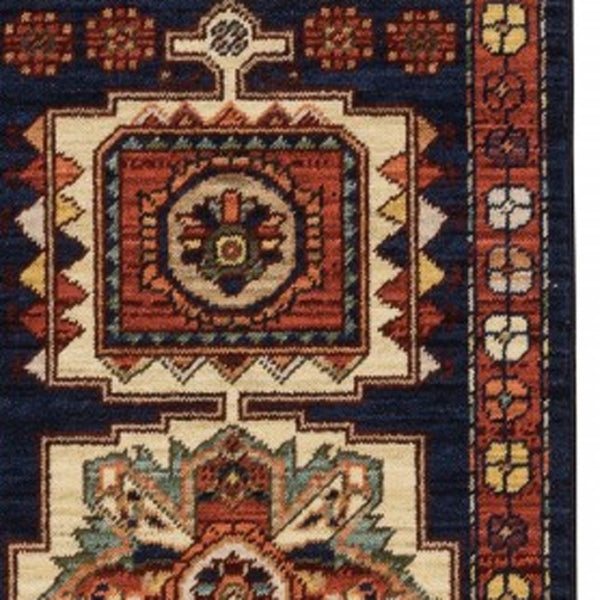 HomeRoots 6' Handcrafted Wool Runner Rug in Rich Blue and Red - Classic Style for Hallways and Entryways 2'6" x 12' 388383