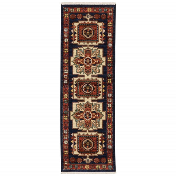 HomeRoots 6' Handcrafted Wool Runner Rug in Rich Blue and Red - Classic Style for Hallways and Entryways 2'6" x 12' 388383