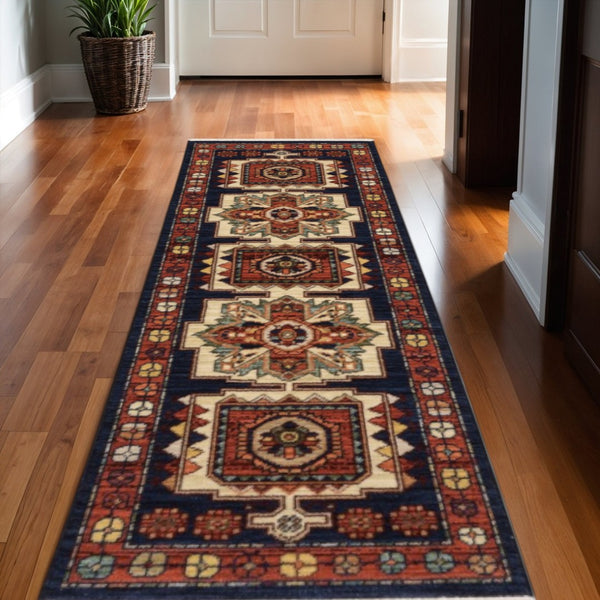 HomeRoots 6' Handcrafted Wool Runner Rug in Rich Blue and Red - Classic Style for Hallways and Entryways 2'6" x 12' 388383