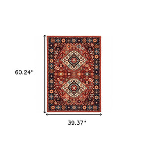 HomeRoots 6' Handcrafted Wool Runner Rug in Rich Blue and Red - Classic Style for Hallways and Entryways 3'3" x 5' 388384