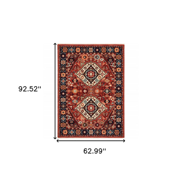 HomeRoots 6' Handcrafted Wool Runner Rug in Rich Blue and Red - Classic Style for Hallways and Entryways 5'3" x 7'6" 388385