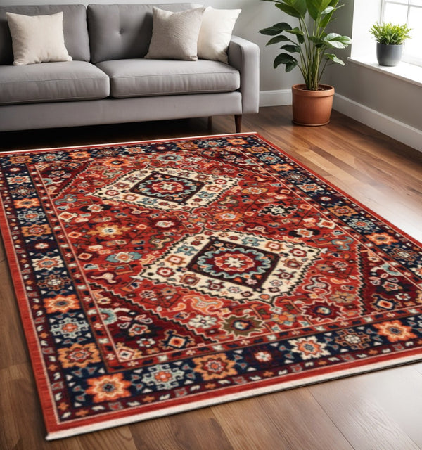 HomeRoots 6' Handcrafted Wool Runner Rug in Rich Blue and Red - Classic Style for Hallways and Entryways 5'3" x 7'6" 388385
