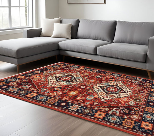 HomeRoots 6' Handcrafted Wool Runner Rug in Rich Blue and Red - Classic Style for Hallways and Entryways 6'7" x 9'6" 388386