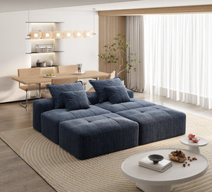 English Elm Modern Modular Sectional Sofa Set – Oversized Chenille Fabric Couch With 2 Ottomans & 4 Pillows, Blue W1885S00063