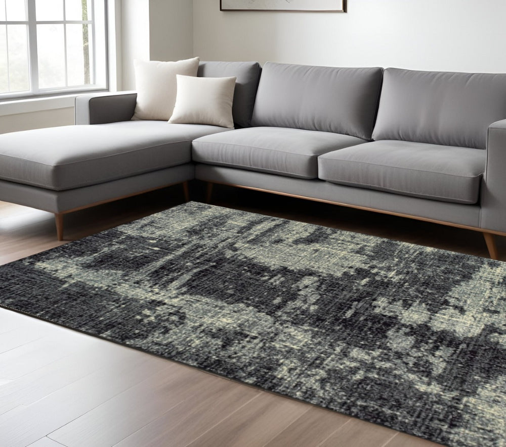 HomeRoots 10' Black and Ivory Abstract Distressed Area Rug - Stylish, Durable, Stain-Resistant Design for Modern Homes 9' X 12' 388410