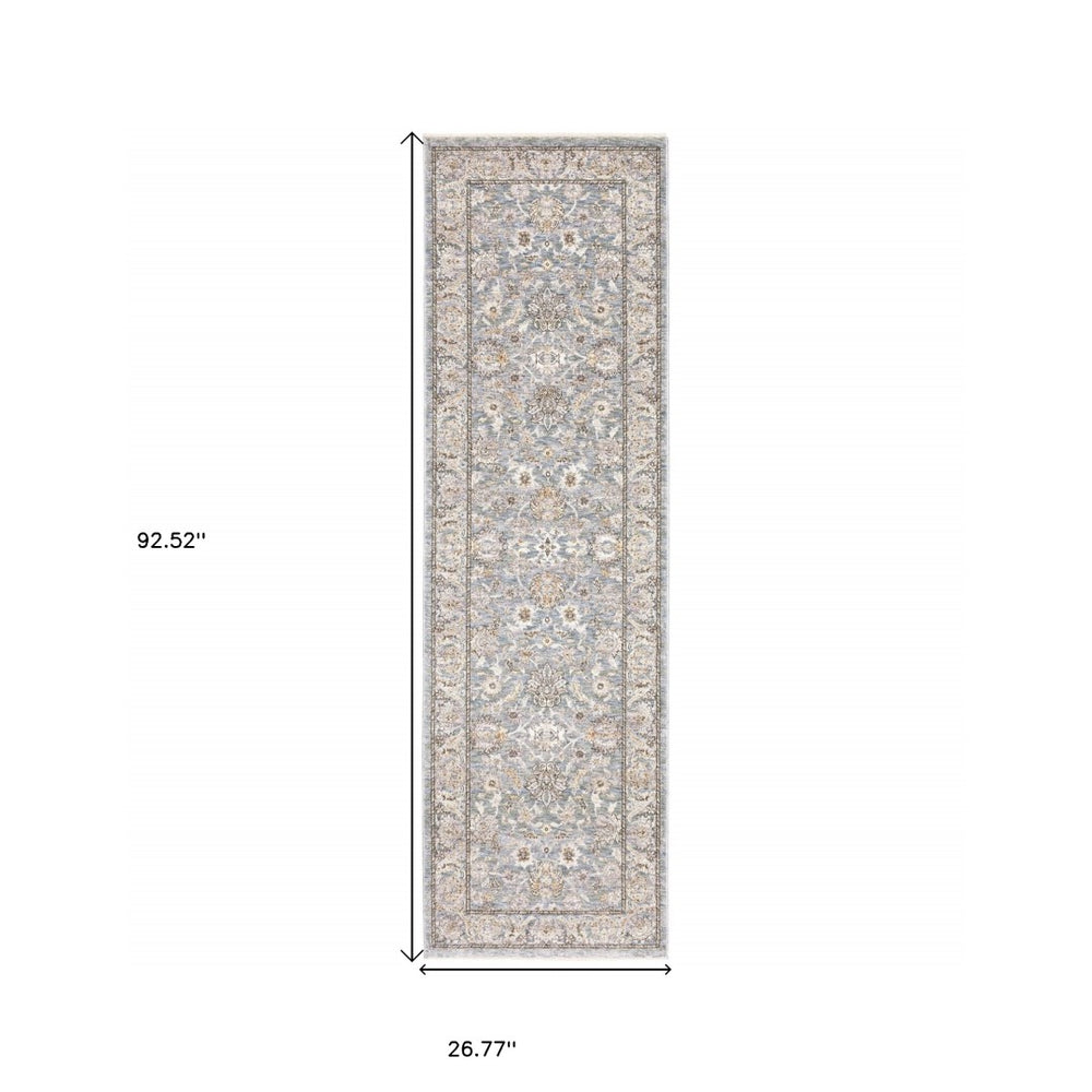 HomeRoots 8' Blue and Ivory Distressed Oriental Area Rug - Vintage Charm for High-Traffic Spaces & Easy Care 8' Runner Runner 388420