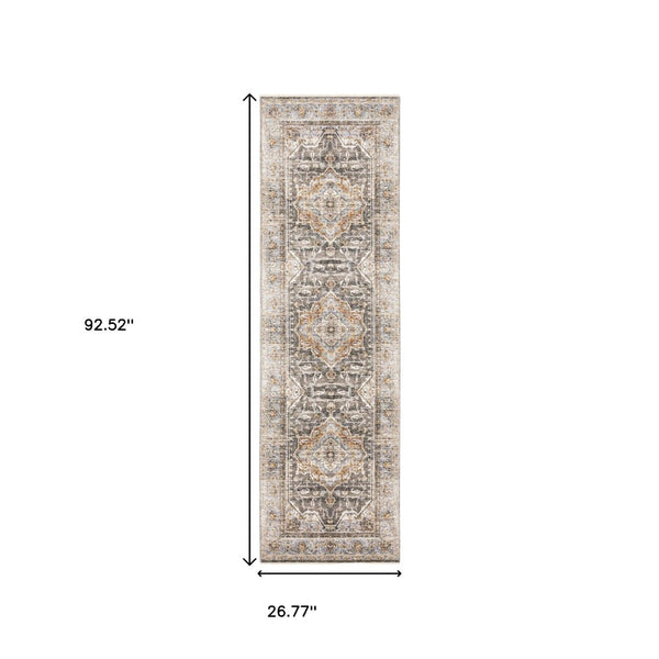 HomeRoots 10' Gray and Blue Medallion Distressed Area Rug - Vintage Charm for Family Rooms and Offices 8' Runner Runner 388425