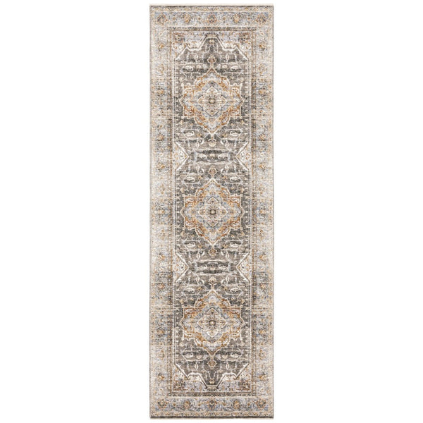 HomeRoots 10' Gray and Blue Medallion Distressed Area Rug - Vintage Charm for Family Rooms and Offices 8' Runner Runner 388425