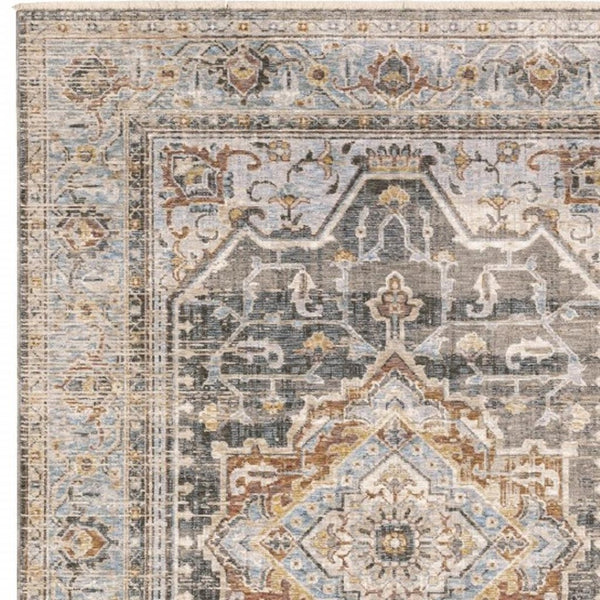HomeRoots 10' Gray and Blue Medallion Distressed Area Rug - Vintage Charm for Family Rooms and Offices 8' Runner Runner 388425