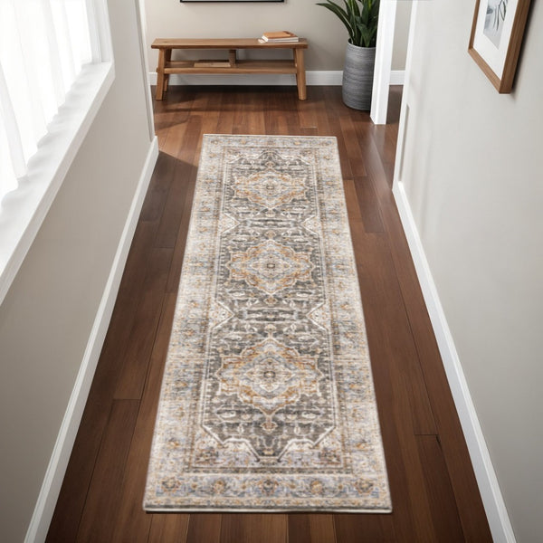 HomeRoots 10' Gray and Blue Medallion Distressed Area Rug - Vintage Charm for Family Rooms and Offices 8' Runner Runner 388425