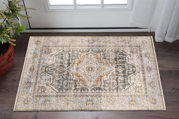 HomeRoots 10' Gray and Blue Medallion Distressed Area Rug - Vintage Charm for Family Rooms and Offices 3' X 5' Rectangle 388426