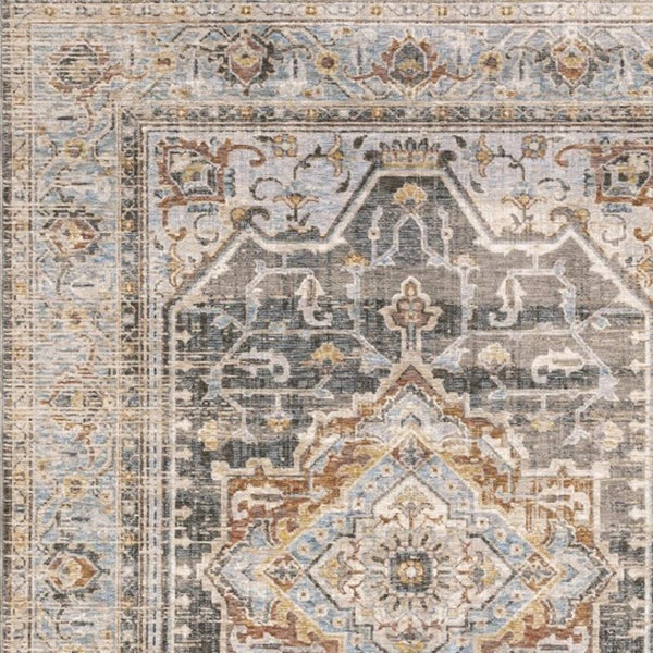 HomeRoots 10' Gray and Blue Medallion Distressed Area Rug - Vintage Charm for Family Rooms and Offices 3' X 5' Rectangle 388426