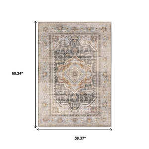 HomeRoots 10' Gray and Blue Medallion Distressed Area Rug - Vintage Charm for Family Rooms and Offices 3' X 5' Rectangle 388426