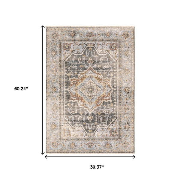 HomeRoots 10' Gray and Blue Medallion Distressed Area Rug - Vintage Charm for Family Rooms and Offices 3' X 5' Rectangle 388426