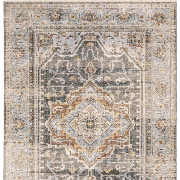 HomeRoots 10' Gray and Blue Medallion Distressed Area Rug - Vintage Charm for Family Rooms and Offices 3' X 5' Rectangle 388426