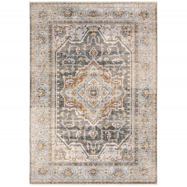 HomeRoots 10' Gray and Blue Medallion Distressed Area Rug - Vintage Charm for Family Rooms and Offices 5' X 8' Rectangle 388427