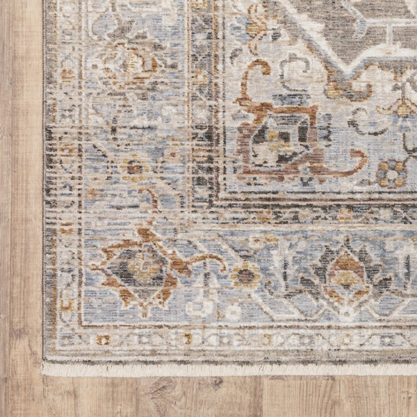 HomeRoots 10' Gray and Blue Medallion Distressed Area Rug - Vintage Charm for Family Rooms and Offices 5' X 8' Rectangle 388427