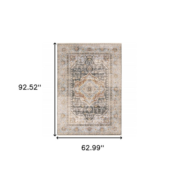 HomeRoots 10' Gray and Blue Medallion Distressed Area Rug - Vintage Charm for Family Rooms and Offices 5' X 8' Rectangle 388427