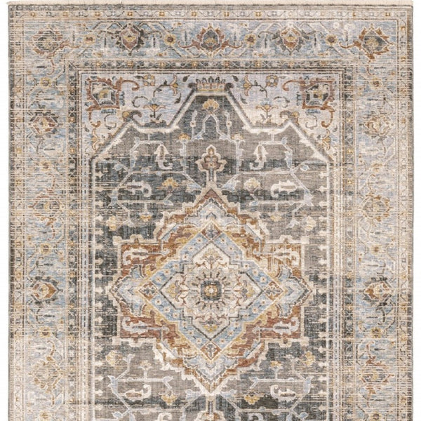 HomeRoots 10' Gray and Blue Medallion Distressed Area Rug - Vintage Charm for Family Rooms and Offices 6' X 9' Rectangle 388428