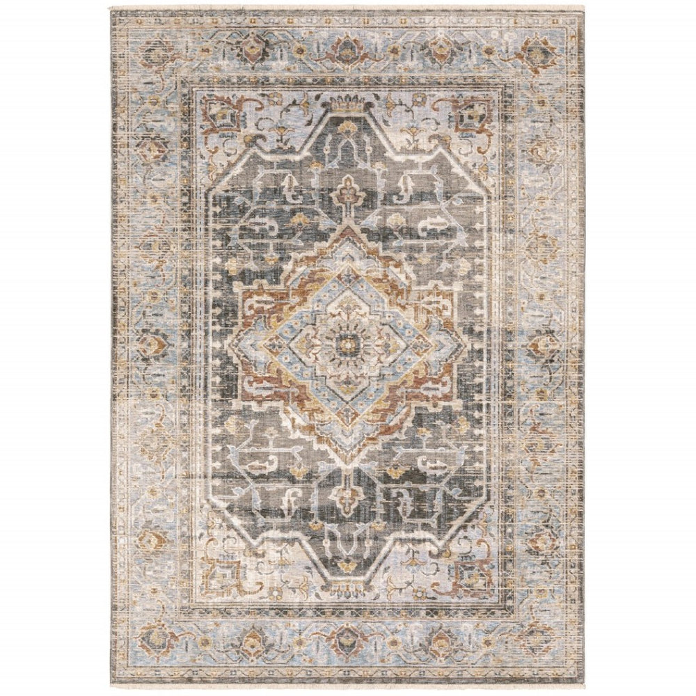 HomeRoots 10' Gray and Blue Medallion Distressed Area Rug - Vintage Charm for Family Rooms and Offices 7' X 10' Rectangle 388429